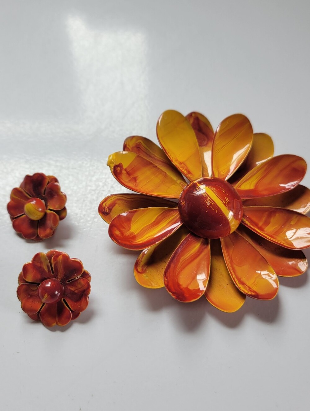 Vintage Orange & Amber Flower Brooch with Matching Clips